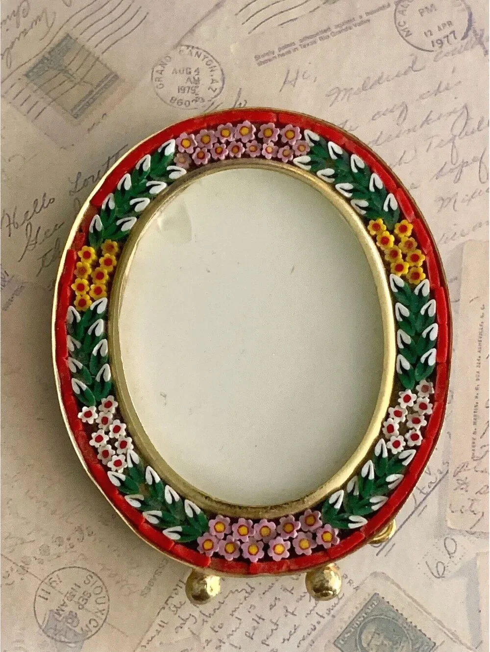 Vintage Italian Micro Mosaic Picture Frame Floral Oval Desktop Stand
